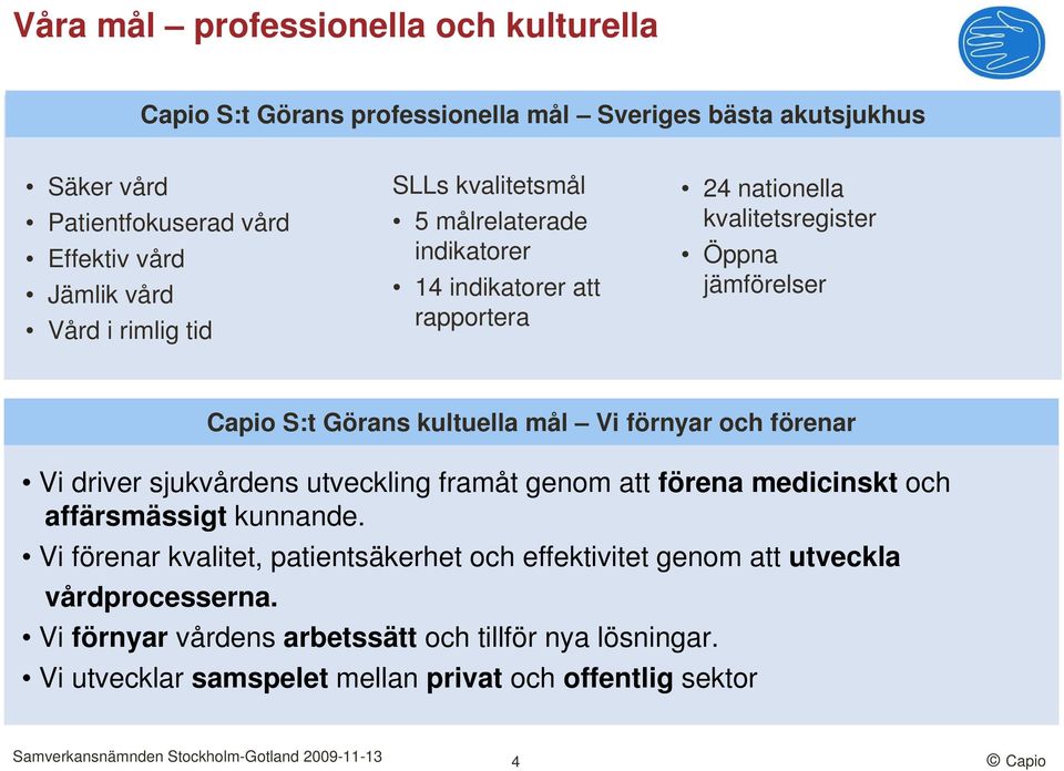 mål Vi förnyar och förenar Vi driver sjukvårdens utveckling framåt genom att förena medicinskt och affärsmässigt kunnande.