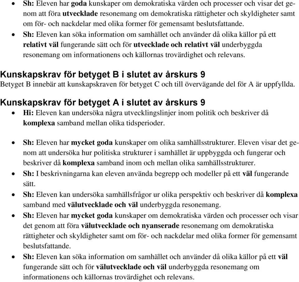 Sh: Eleven kan söka information om samhället och använder då olika källor på ett relativt väl fungerande sätt och för utvecklade och relativt väl underbyggda resonemang om informationens och