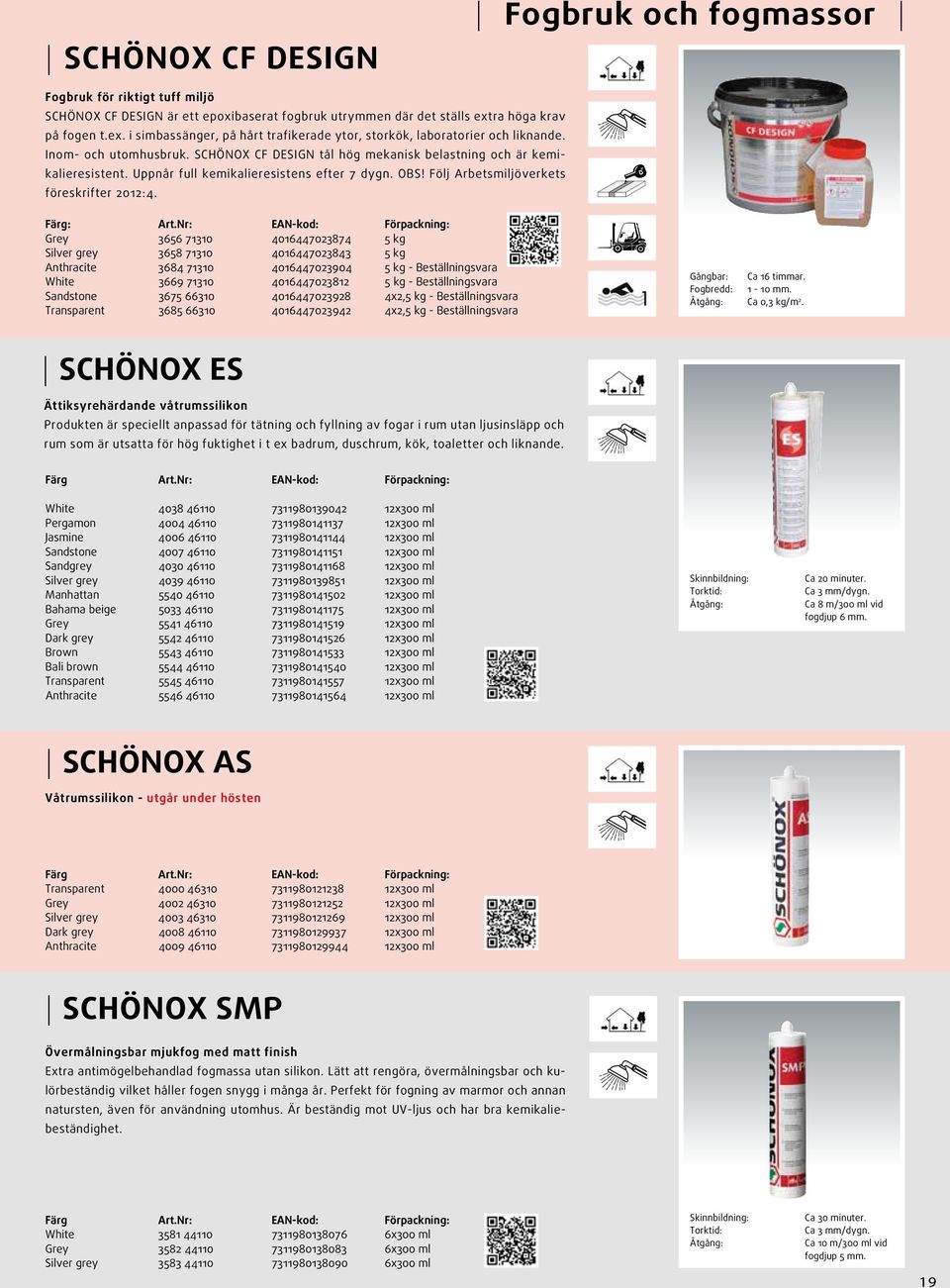 SCHÖNOX CF DESIGN tål hög mekanisk belastning och är kemikalieresistent. Uppnår full kemikalieresistens efter 7 dygn. OBS! Följ rbetsmiljöverkets föreskrifter 2012:4. Färg: rt.