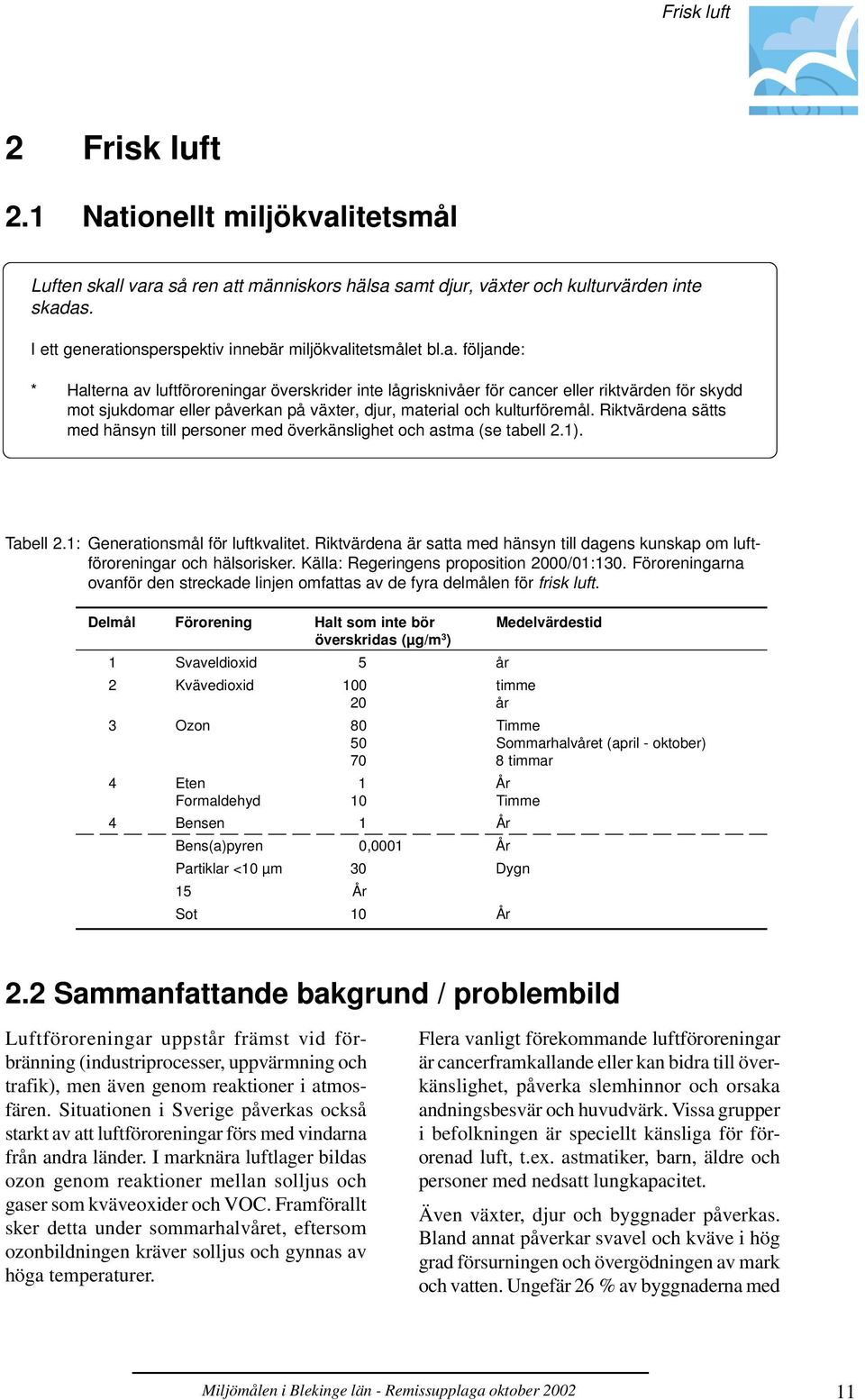 Riktvärdena sätts med hänsyn till personer med överkänslighet och astma (se tabell 2.1). Tabell 2.1: Generationsmål för luftkvalitet.