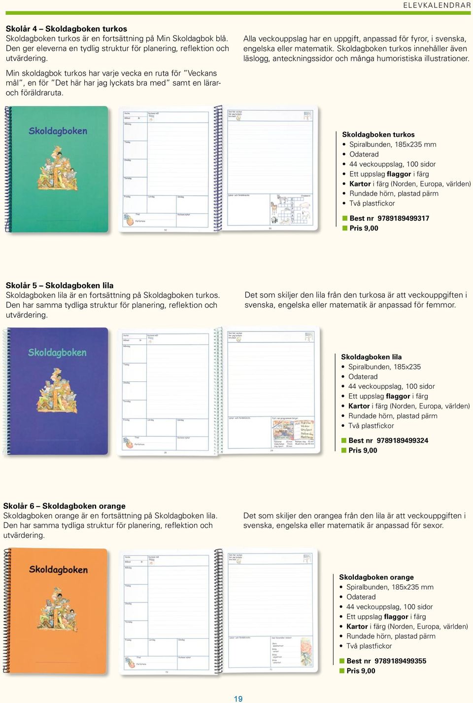 Alla veckouppslag har en uppgift, anpassad för fyror, i svenska, engelska eller matematik. Skoldagboken turkos innehåller även läslogg, anteckningssidor och många humoristiska illustrationer.