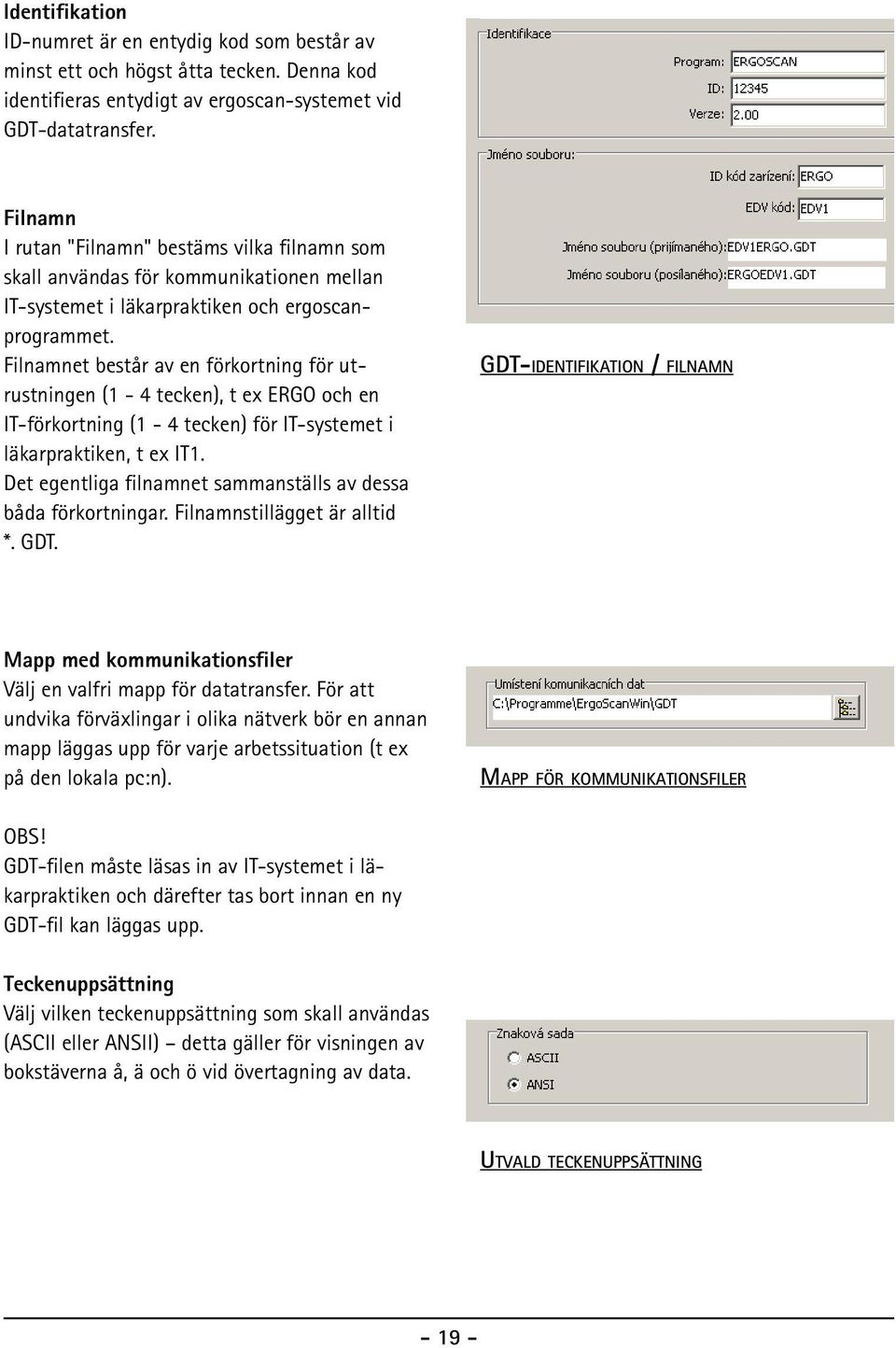 Filnamnet består av en förkortning för utrustningen (1-4 tecken), t ex ERGO och en IT-förkortning (1-4 tecken) för IT-systemet i läkarpraktiken, t ex IT1.