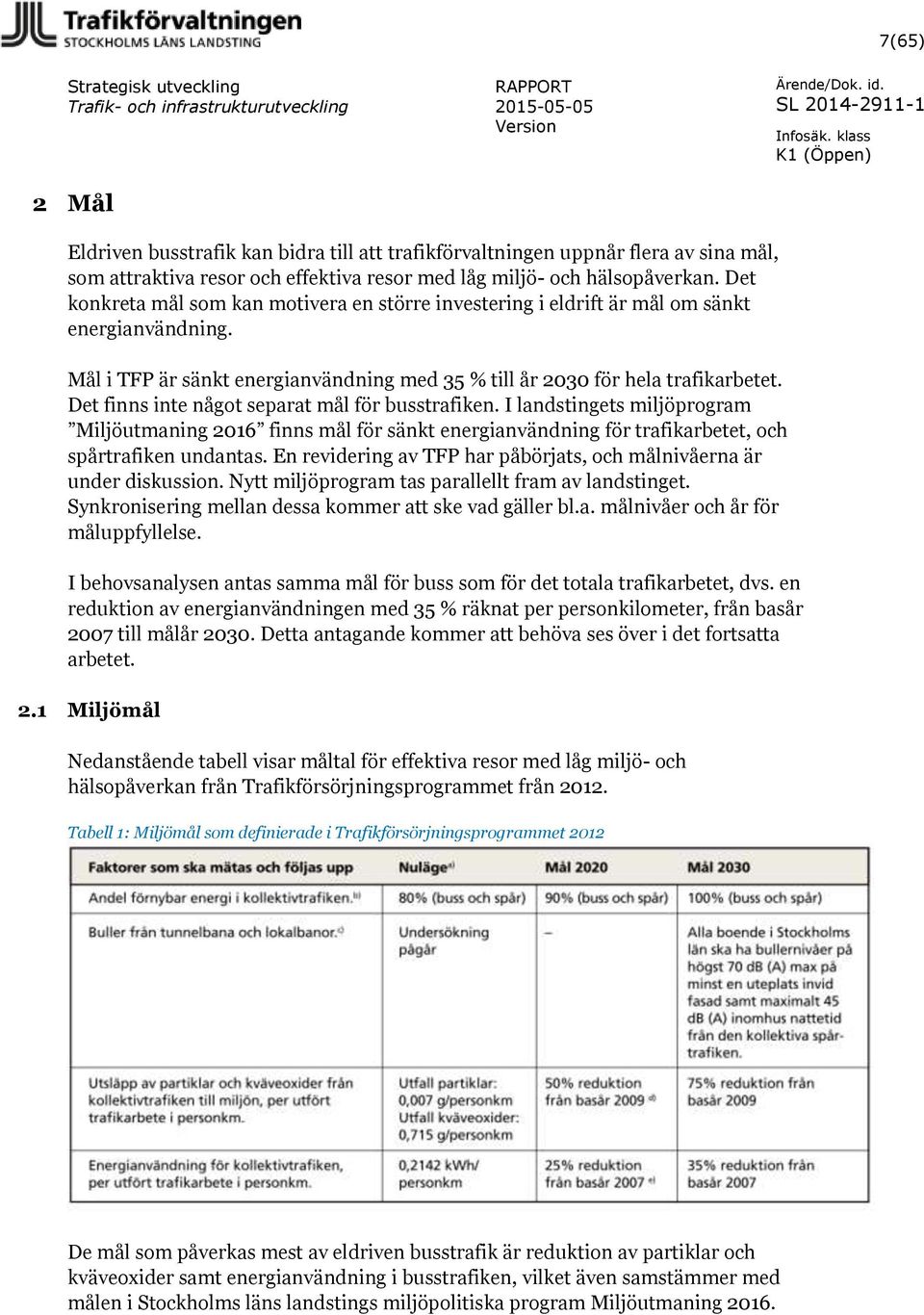 Det finns inte något separat mål för busstrafiken. I landstingets miljöprogram Miljöutmaning 2016 finns mål för sänkt energianvändning för trafikarbetet, och spårtrafiken undantas.