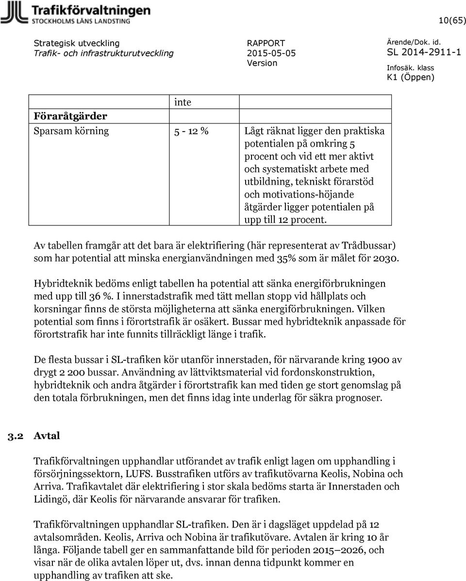 Av tabellen framgår att det bara är elektrifiering (här representerat av Trådbussar) som har potential att minska energianvändningen med 35% som är målet för 2030.