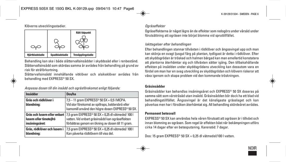 Slåttervallsinsådd innehållande vitklöver och alsikeklöver avrådes från behandling med EXPRESS 50 SX.