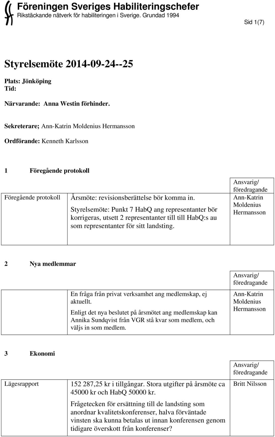 Styrelsemöte: Punkt 7 HabQ ang representanter bör korrigeras, utsett 2 representanter till till HabQ:s au som representanter för sitt landsting.