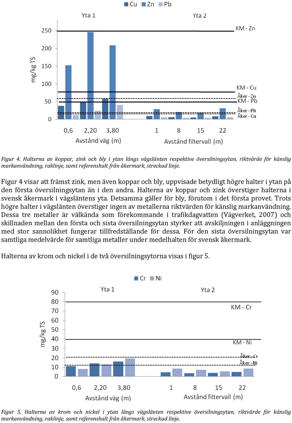 Halterna av koppar och zink överstiger halterna i svensk åkermark i vägsläntens yta. Detsamma gäller för bly, förutom i det första provet.