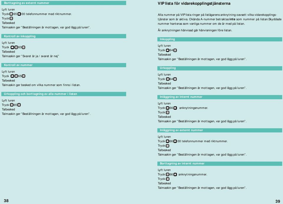Urkoppling och borttagning av alla nummer i listan 65 VIP lista för vidarekopplingstjänsterna Alla nummer på VIP lista ringer på listägarens anknytning oavsett vilka vidarekopplingstjänster som är