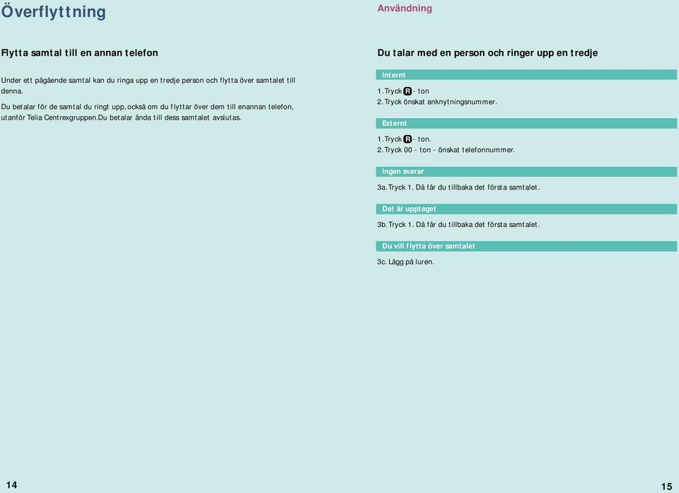 Du betalar ända till dess samtalet avslutas. Du talar med en person och ringer upp en tredje Internt 1. R - ton 2. önskat anknytningsnummer. Externt 1. R - ton. 2. 00 - ton - önskat telefonnummer.