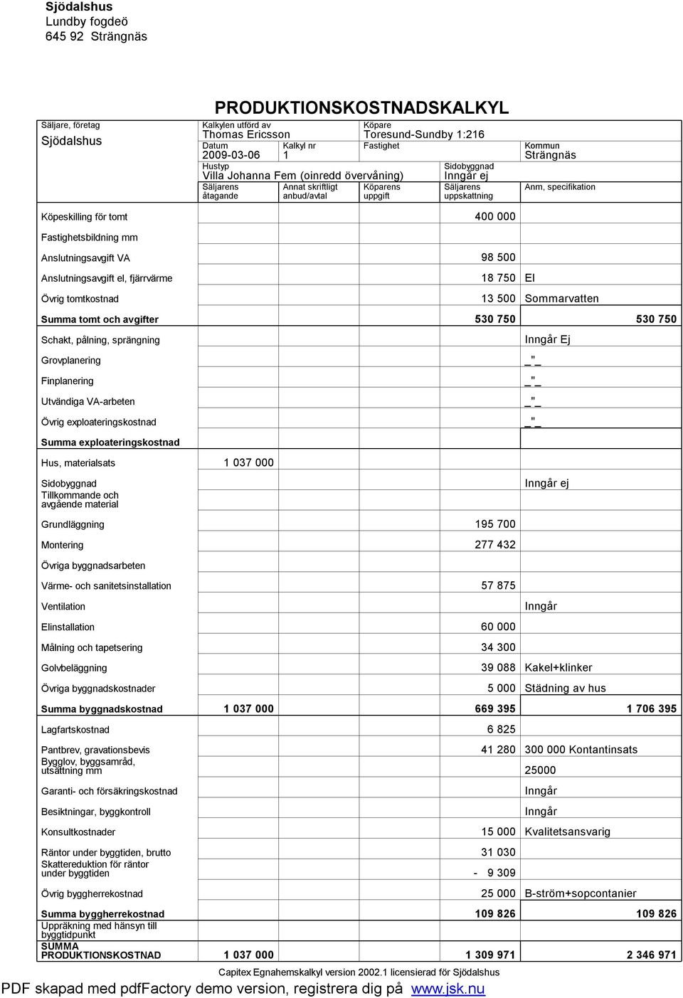 Anm, specifikation 400 000 Fastighetsbildning mm Anslutningsavgift VA Anslutningsavgift el, fjärrvärme Övrig tomtkostnad Summa tomt och avgifter Schakt, pålning, sprängning Grovplanering Finplanering