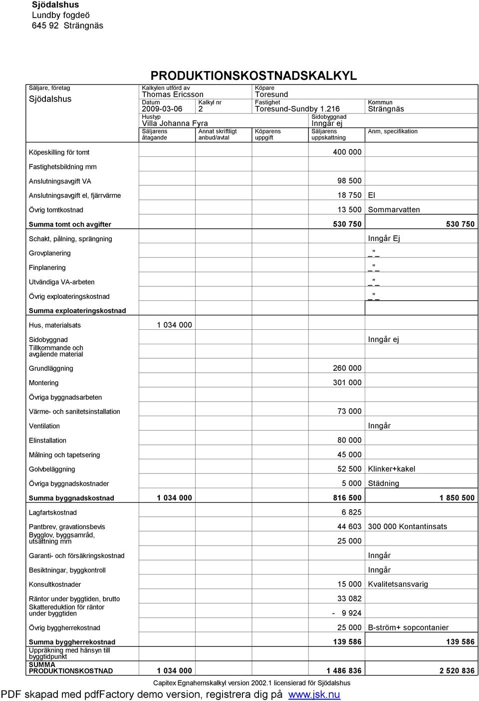 216 Strängnäs Hustyp Sidobyggnad Villa Johanna Fyra Inngår ej Säljarens åtagande Annat skriftligt anbud/avtal Köparens uppgift Säljarens uppskattning Anm, specifikation 400 000 Fastighetsbildning mm