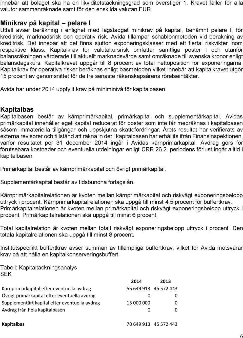 Avida tillämpar schablonmetoden vid beräkning av kreditrisk. Det innebär att det finns sjutton exponeringsklasser med ett flertal riskvikter inom respektive klass.