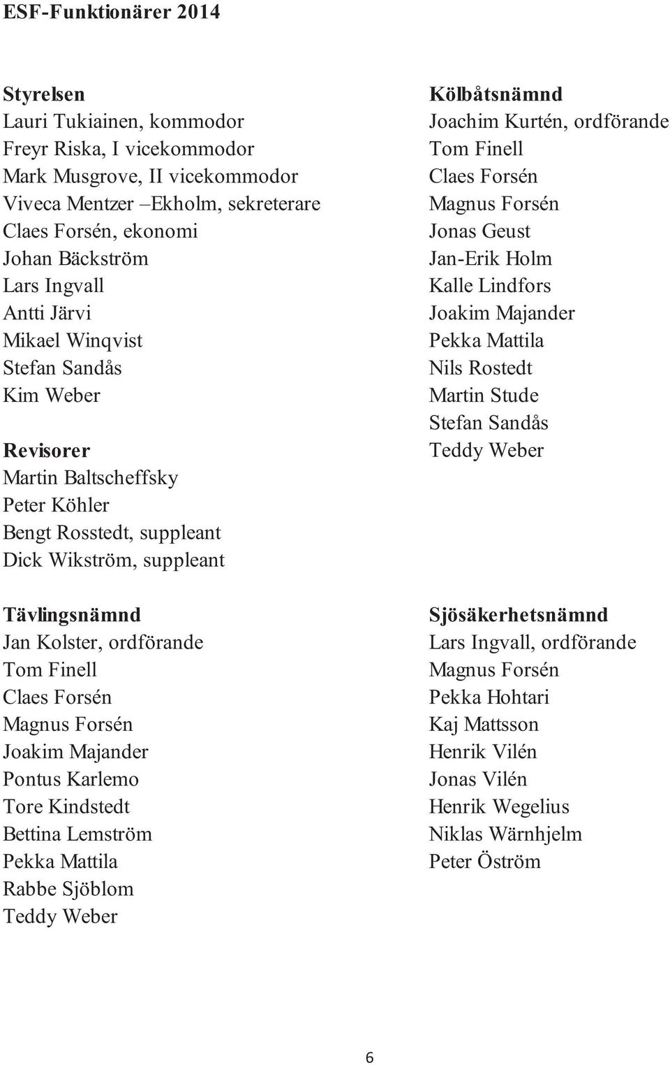 Finell Claes Forsén Magnus Forsén Joakim Majander Pontus Karlemo Tore Kindstedt Bettina Lemström Pekka Mattila Rabbe Sjöblom Teddy Weber Kölbåtsnämnd Joachim Kurtén, ordförande Tom Finell Claes