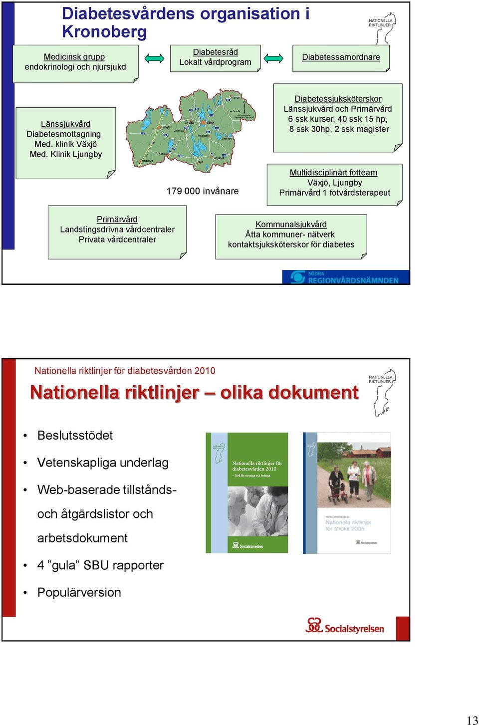 Primärvård 1 fotvårdsterapeut Primärvård Landstingsdrivna vårdcentraler Privata vårdcentraler Kommunalsjukvård Åtta kommuner- nätverk kontaktsjuksköterskor för diabetes Nationella