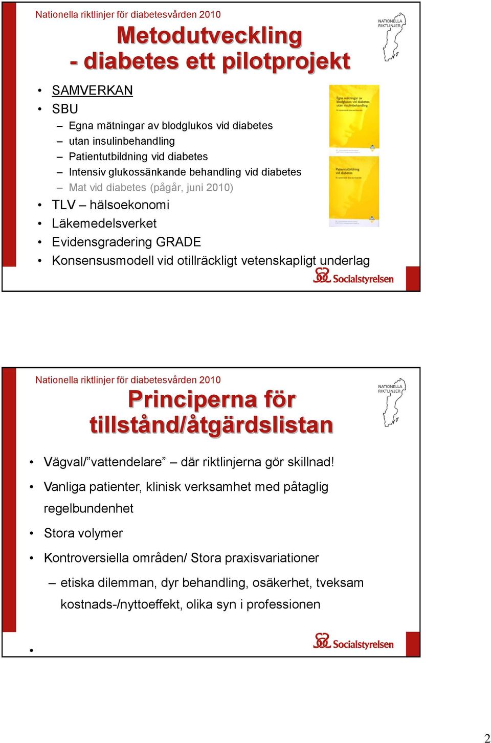 vetenskapligt underlag Nationella riktlinjer för diabetesvården 2010 Principerna för tillstånd/åtgärdslistan Vägval/ vattendelare där riktlinjerna gör skillnad!