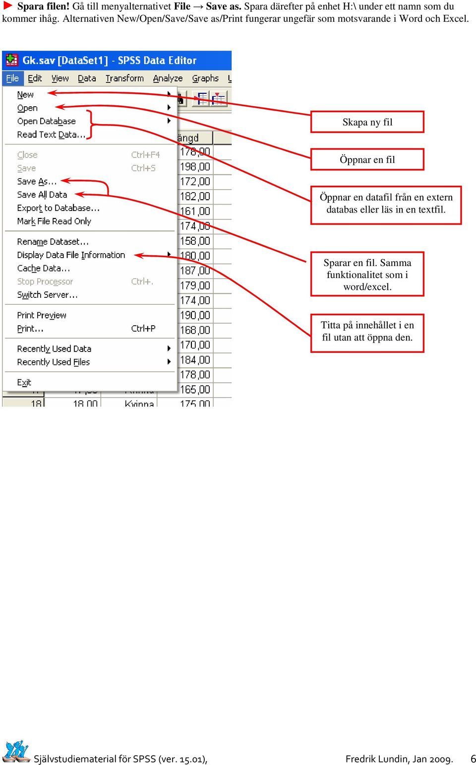 Skapa ny fil Öppnar en fil Öppnar en datafil från en extern databas eller läs in en textfil. Sparar en fil.