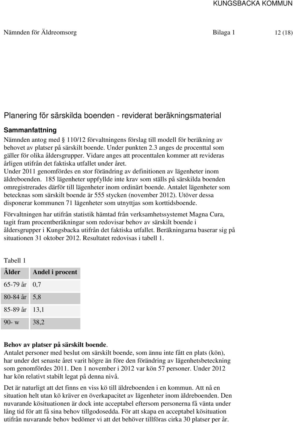 Vidare anges att procenttalen kommer att revideras årligen utifrån det faktiska utfallet under året. Under 2011 genomfördes en stor förändring av definitionen av lägenheter inom äldreboenden.