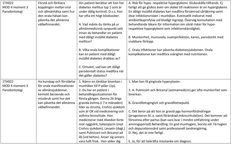 Vad måste du tänka på ur allmänmedicinsk synpunkt sett innan du behandlar en patient med dåligt inställd diabetes mellitus? A. Risk för hypo- respektive hyperglykemi. Glukoskälla tillhands.