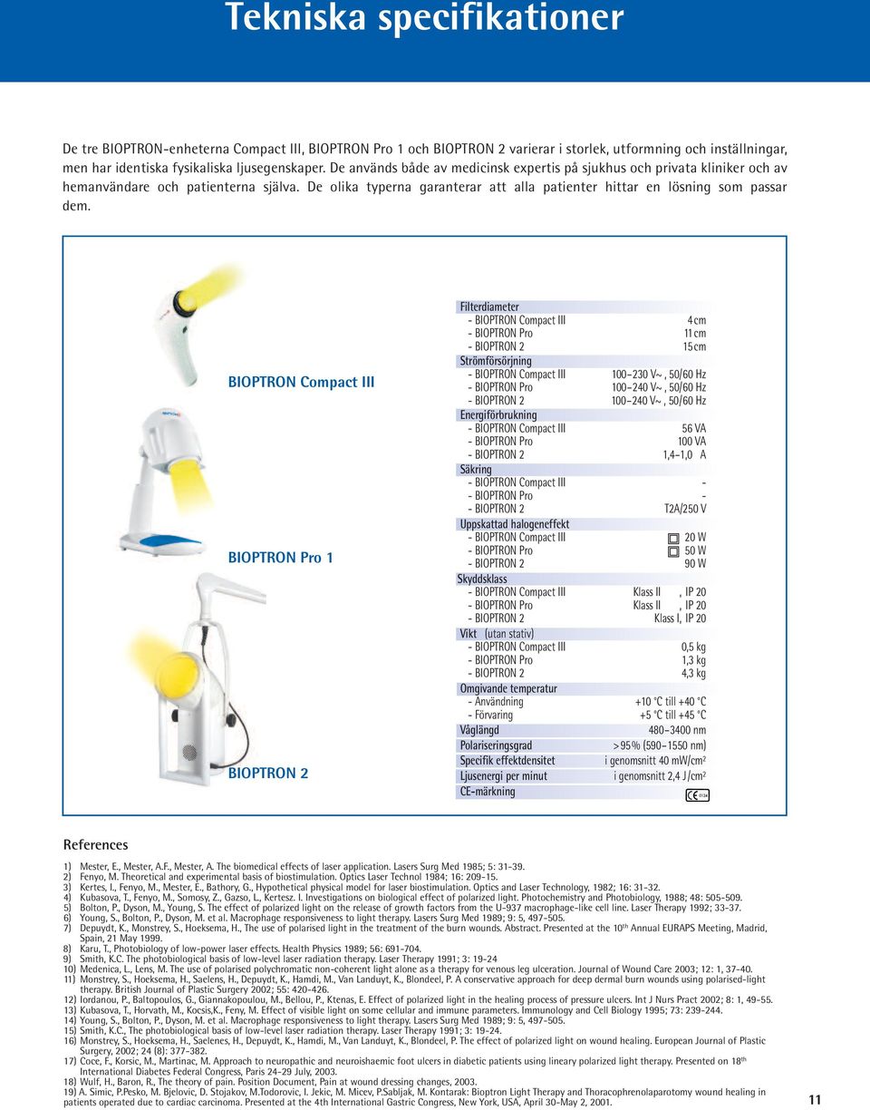 BIOPTRON Compact III BIOPTRON Pro 1 BIOPTRON 2 Filterdiameter - BIOPTRON Compact III 4 cm - BIOPTRON Pro 11 cm - BIOPTRON 2 15 cm Strömförsörjning - BIOPTRON Compact III 100 230 V~, 50/60 Hz -