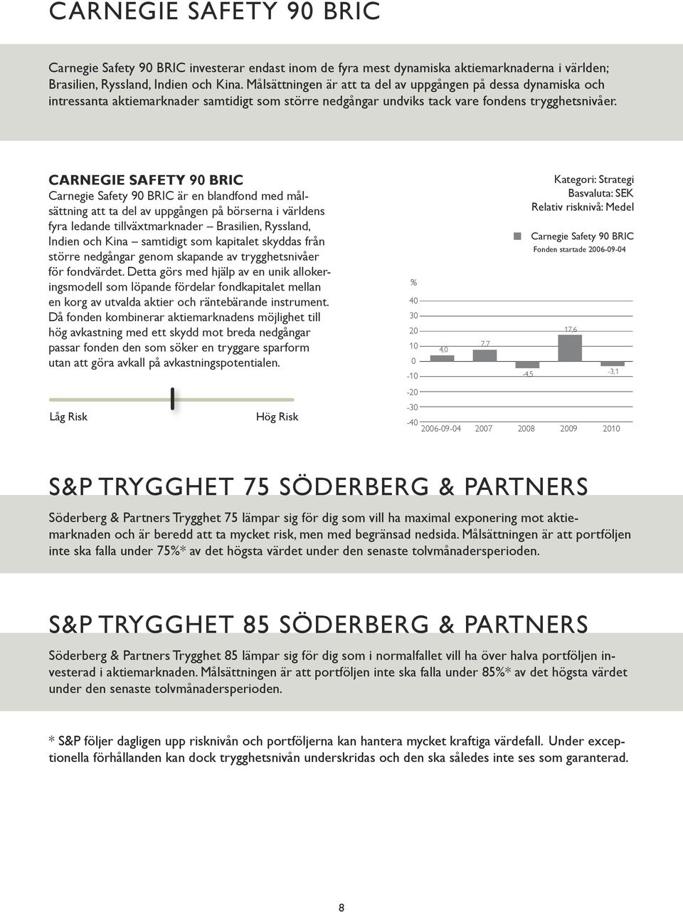 CARNEGIE SAFETY 9 BRIC Carnegie Safety 9 BRIC är en blandfond med målsättning att ta del av uppgången på börserna i världens fyra ledande tillväxtmarknader Brasilien, Ryssland, Indien och Kina