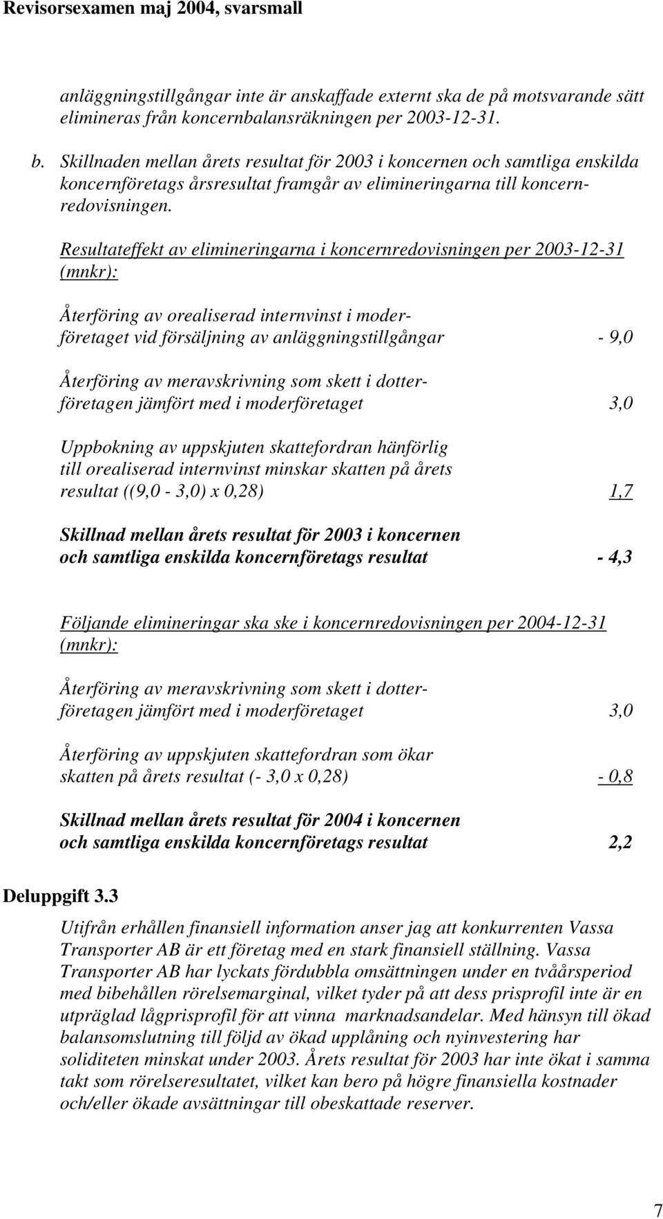 Resultateffekt av elimineringarna i koncernredovisningen per 2003-12-31 (mnkr): Återföring av orealiserad internvinst i moderföretaget vid försäljning av anläggningstillgångar - 9,0 Återföring av