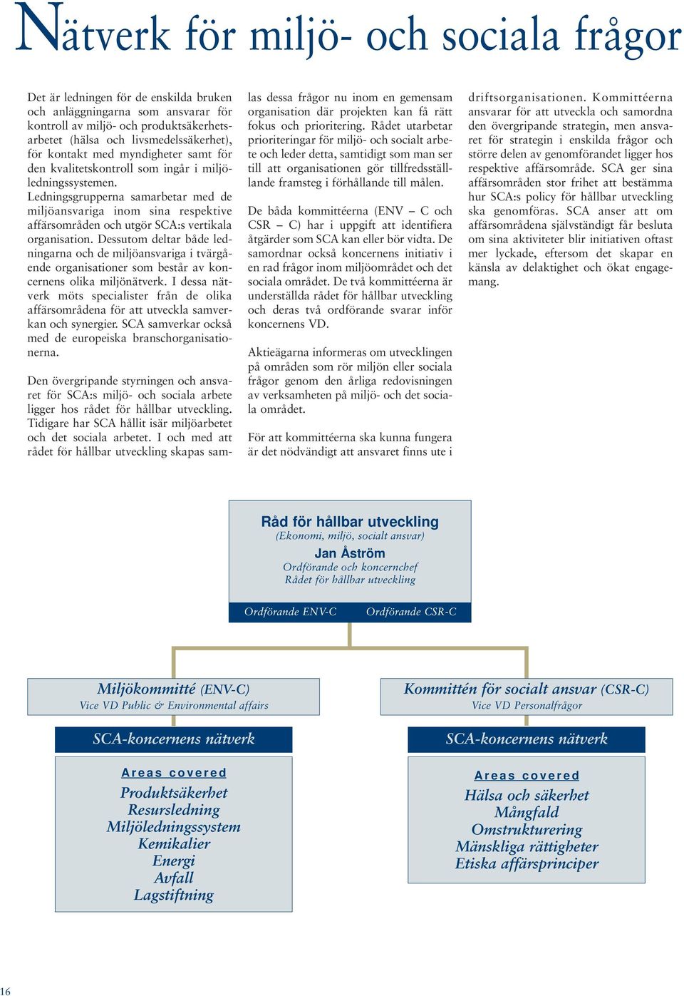 Ledningsgrupperna samarbetar med de miljöansvariga inom sina respektive affärsområden och utgör SCA:s vertikala organisation.