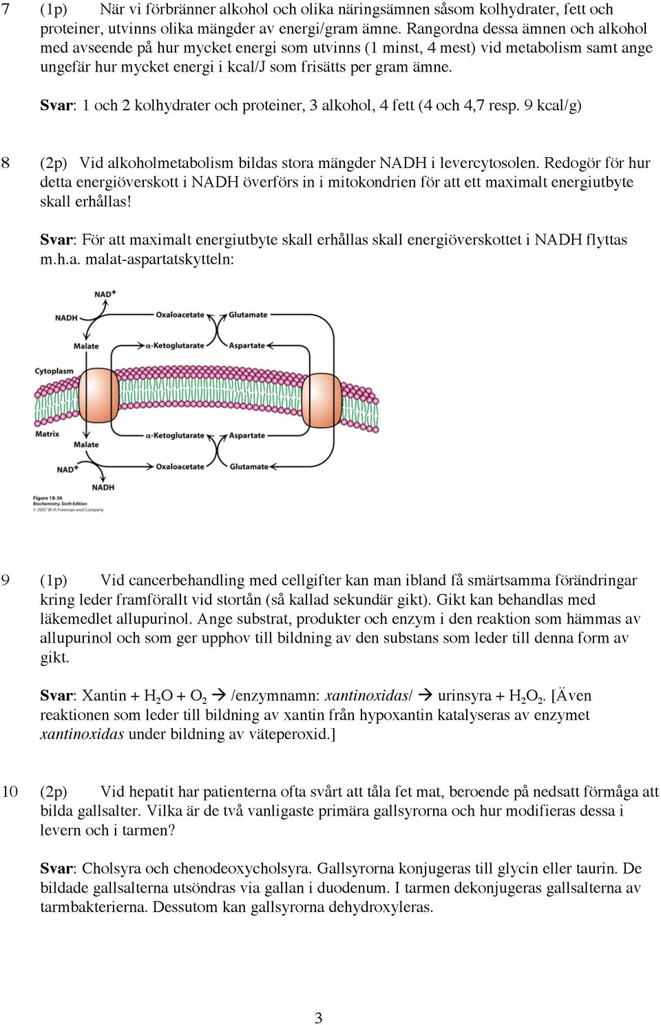 Svar: 1 och 2 kolhydrater och proteiner, 3 alkohol, 4 fett (4 och 4,7 resp. 9 kcal/g) 8 (2p) Vid alkoholmetabolism bildas stora mängder NADH i levercytosolen.