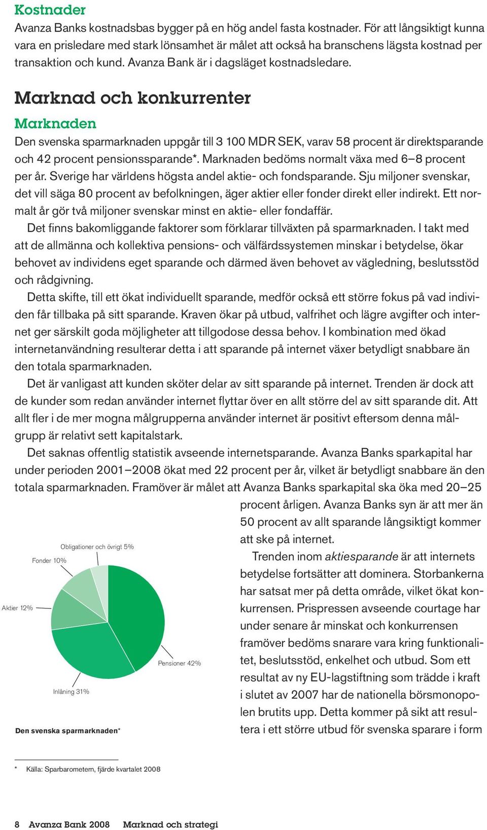 Marknad och konkurrenter Marknaden Den svenska sparmarknaden uppgår till 3 100 MDR SEK, varav 58 procent är direktsparan de och 42 procent pensionssparande*.