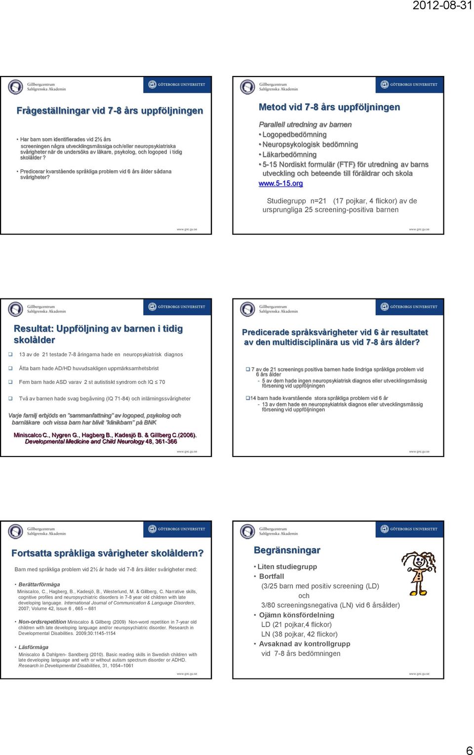 Metod vid 7-8 års uppföljningen Parallell utredning av barnen Logopedbedömning Neuropsykologisk bedömning Läkarbedömning 5-15 Nordiskt formulär (FTF) för utredning av barns utveckling och beteende