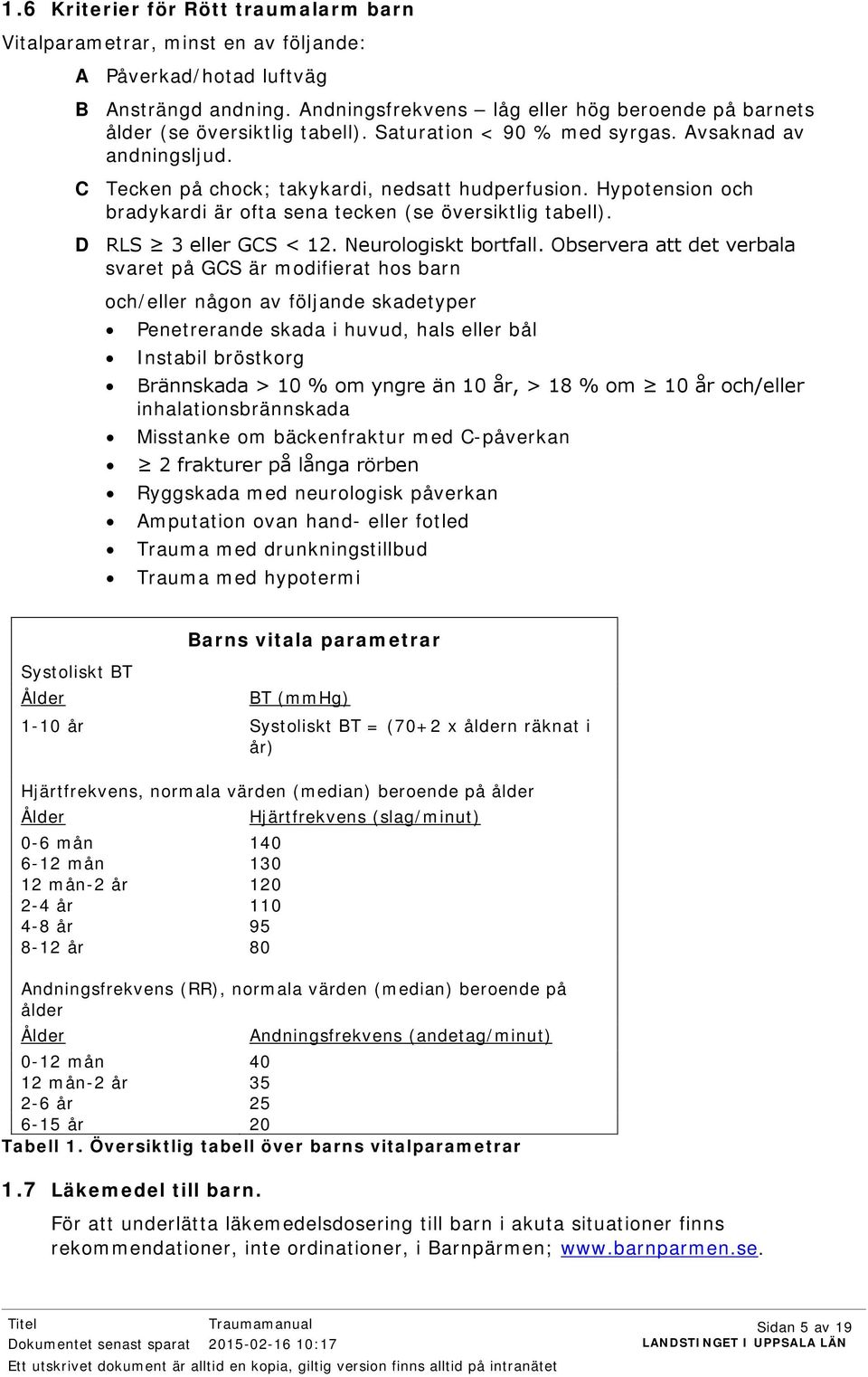 Hypotension och bradykardi är ofta sena tecken (se översiktlig tabell). D RLS 3 eller GCS < 12. Neurologiskt bortfall.