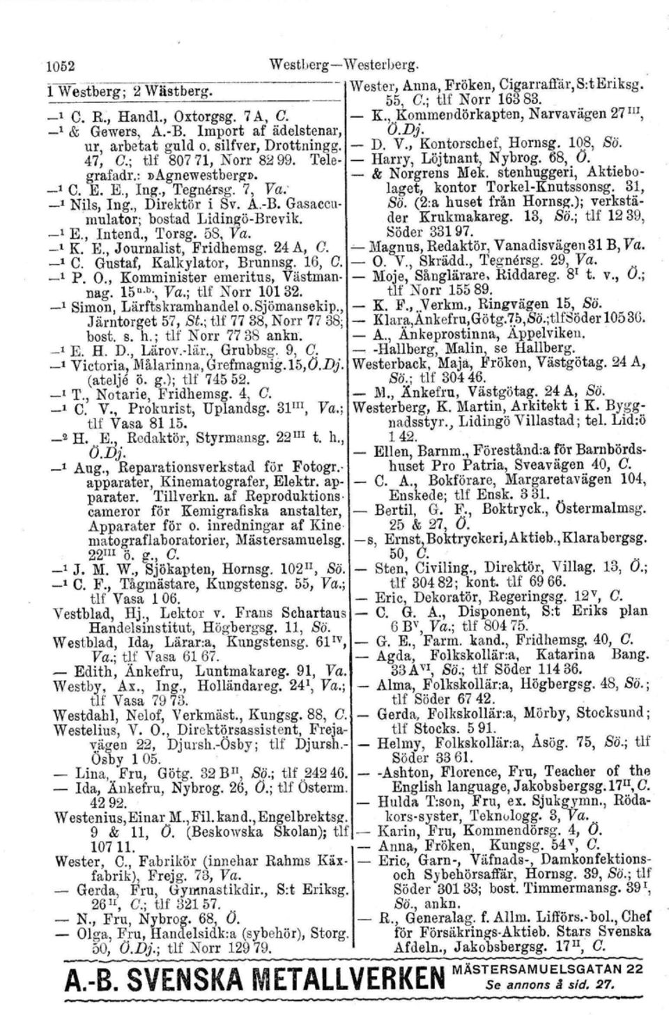 Tele Harry, Löjtnant, Nybrog. 6S, Ö. grafadr.:»ågnewestbcrg». & Norgrens Mek. stenhuggeri, Aktiebo _1 C. E. E., Ing., 'I'egnersg. 7, Va; laget, kontor TorkelKnutssonsg. 31, _1 Nils, Ing.