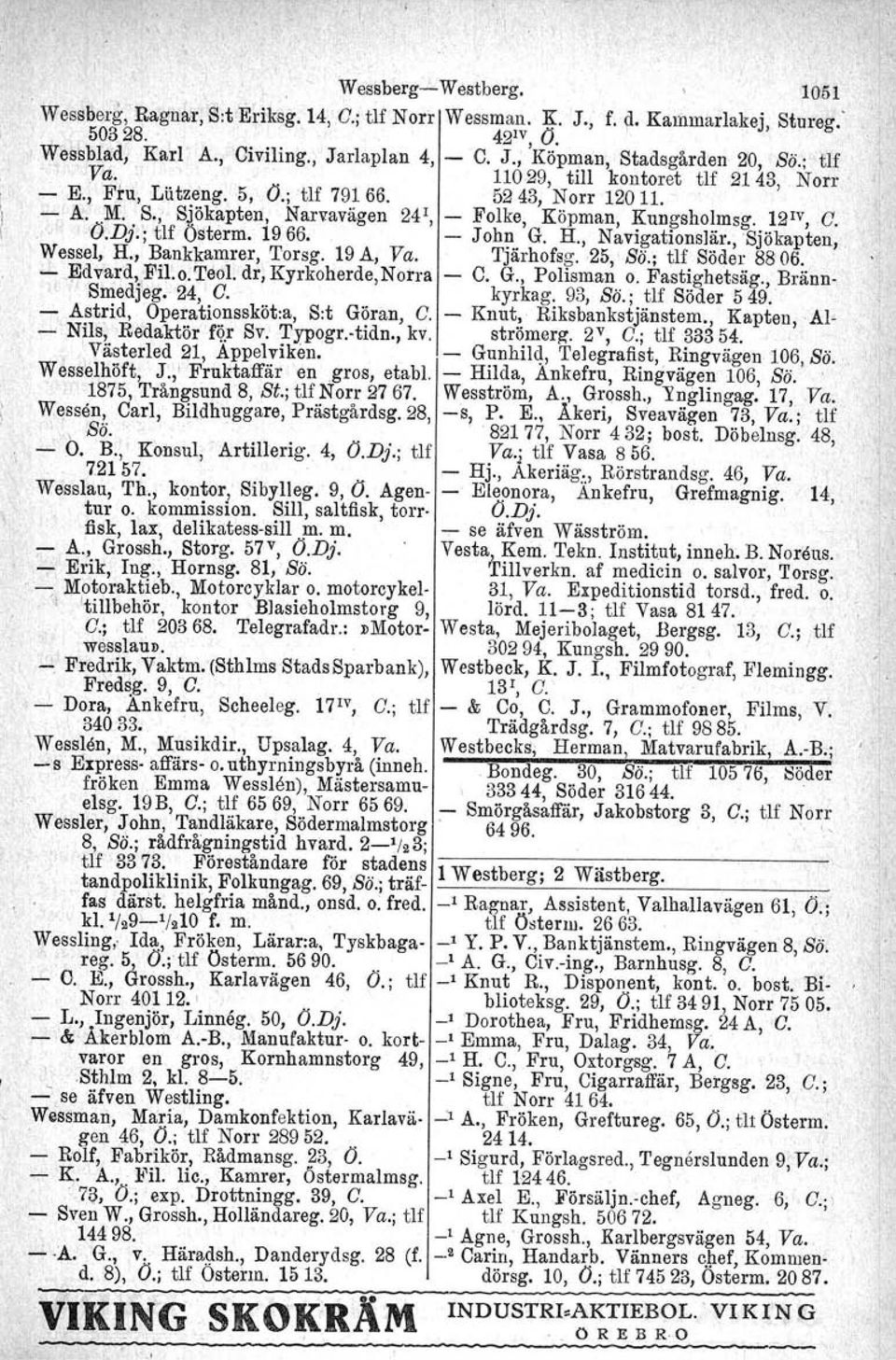 1966. John G. H., Navigationslär., Sjökapten, Wessel, H., Bankkamrer, Torsg. 19 A, Va. Tjärhofsg. 25, Sö.; tlf Söder 8806. Edvard,Fil.o.Teol.dr,Kyrkoherde,Norra C. G., Polisman o. Fastighetsäg.