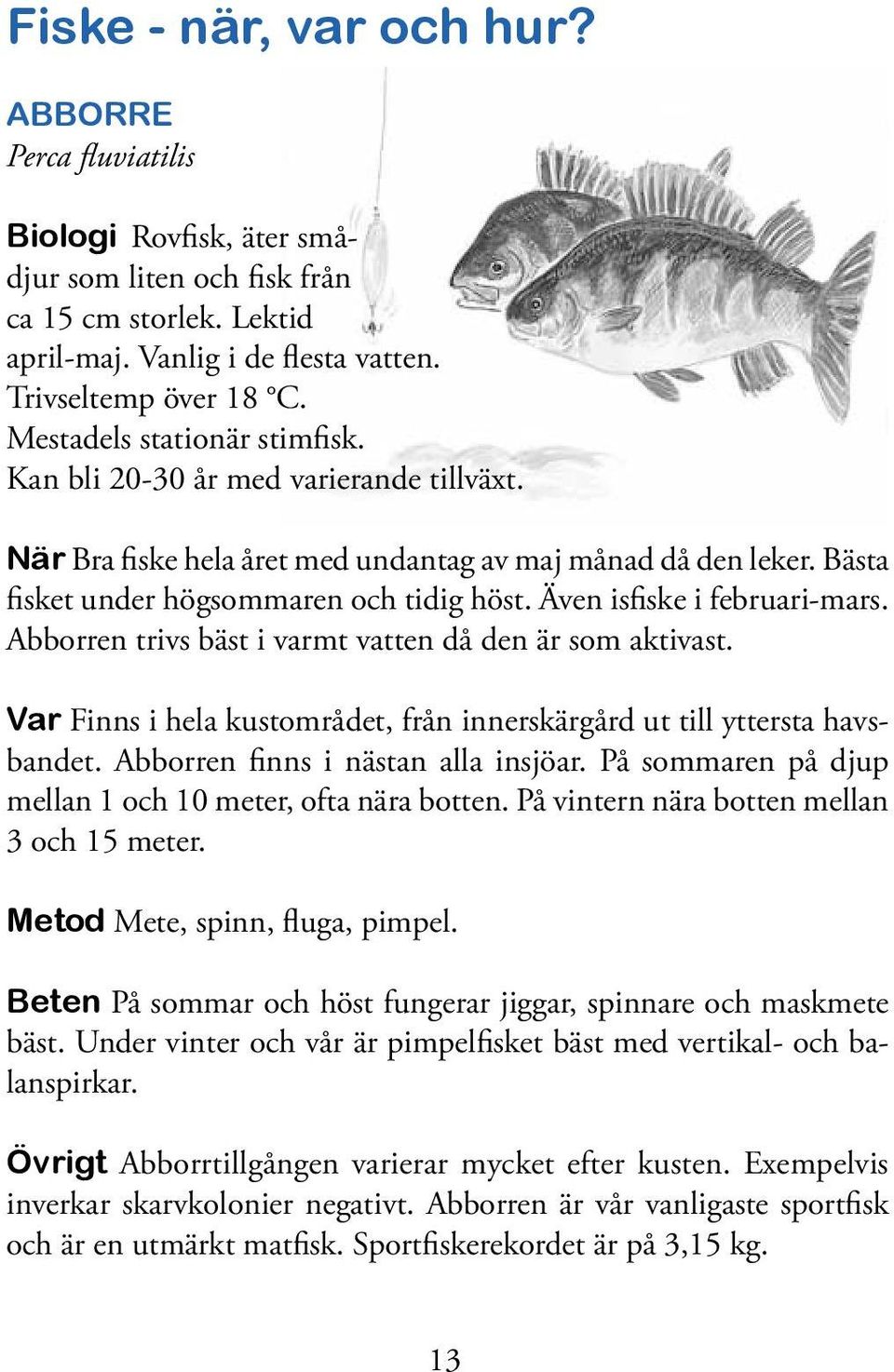 Även isfiske i februari-mars. Abborren trivs bäst i varmt vatten då den är som aktivast. Var Finns i hela kustområdet, från innerskärgård ut till yttersta havsbandet.