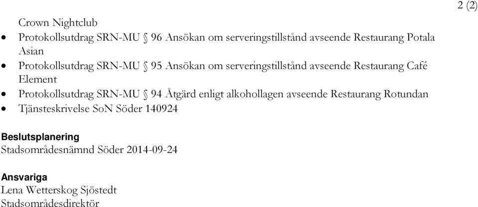 Protokollsutdrag SRN-MU 94 Åtgärd enligt alkohollagen avseende Restaurang Rotundan Tjänsteskrivelse SoN