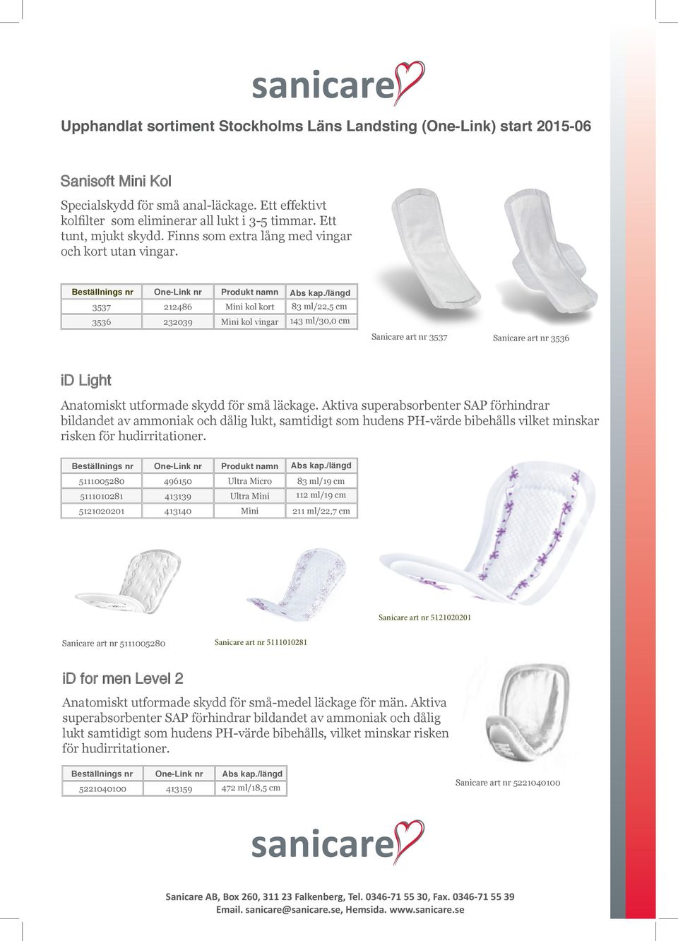 Produkt namn 3537 212486 Mini kol kort 83 ml/22,5 cm Mini kol vingar 143 ml/30,0 cm 3536 232039 Sanicare art nr 3537 Sanicare art nr 3536 id Light Anatomiskt utformade skydd för små läckage.