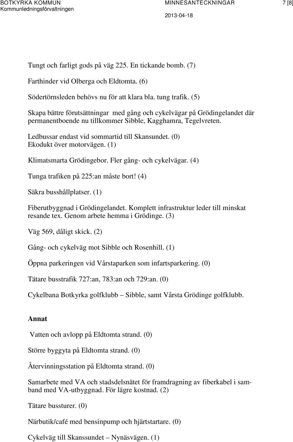 (0) Ekodukt över motorvägen. (1) Klimatsmarta Grödingebor. Fler gång- och cykelvägar. (4) Tunga trafiken på 225:an måste bort! (4) Säkra busshållplatser. (1) Fiberutbyggnad i Grödingelandet.