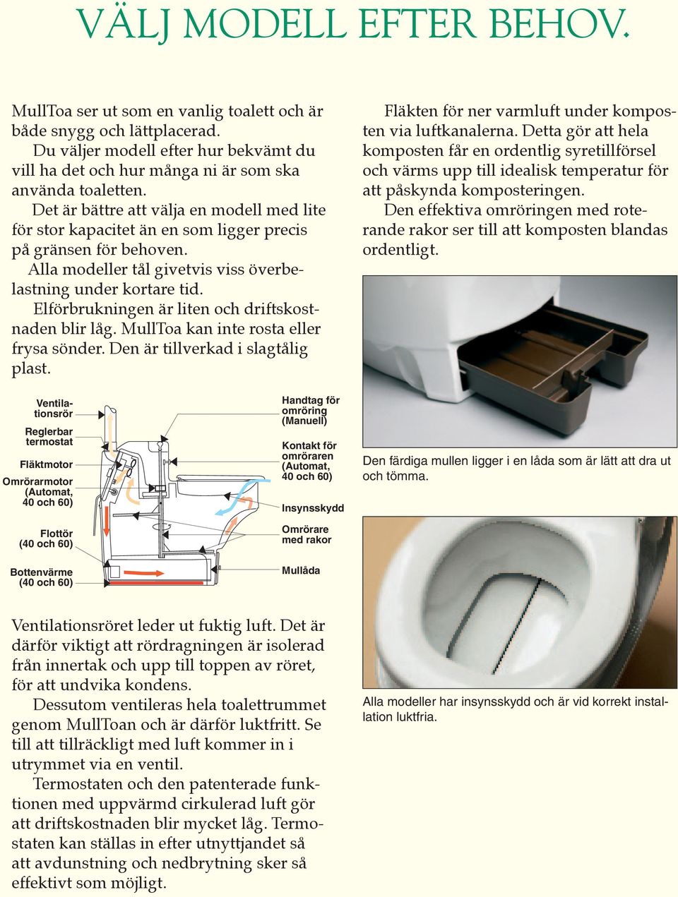 Elförbrukningen är liten och driftskostnaden blir låg. MullToa kan inte rosta eller frysa sönder. Den är tillverkad i slagtålig plast. Fläkten för ner varmluft under komposten via luftkanalerna.