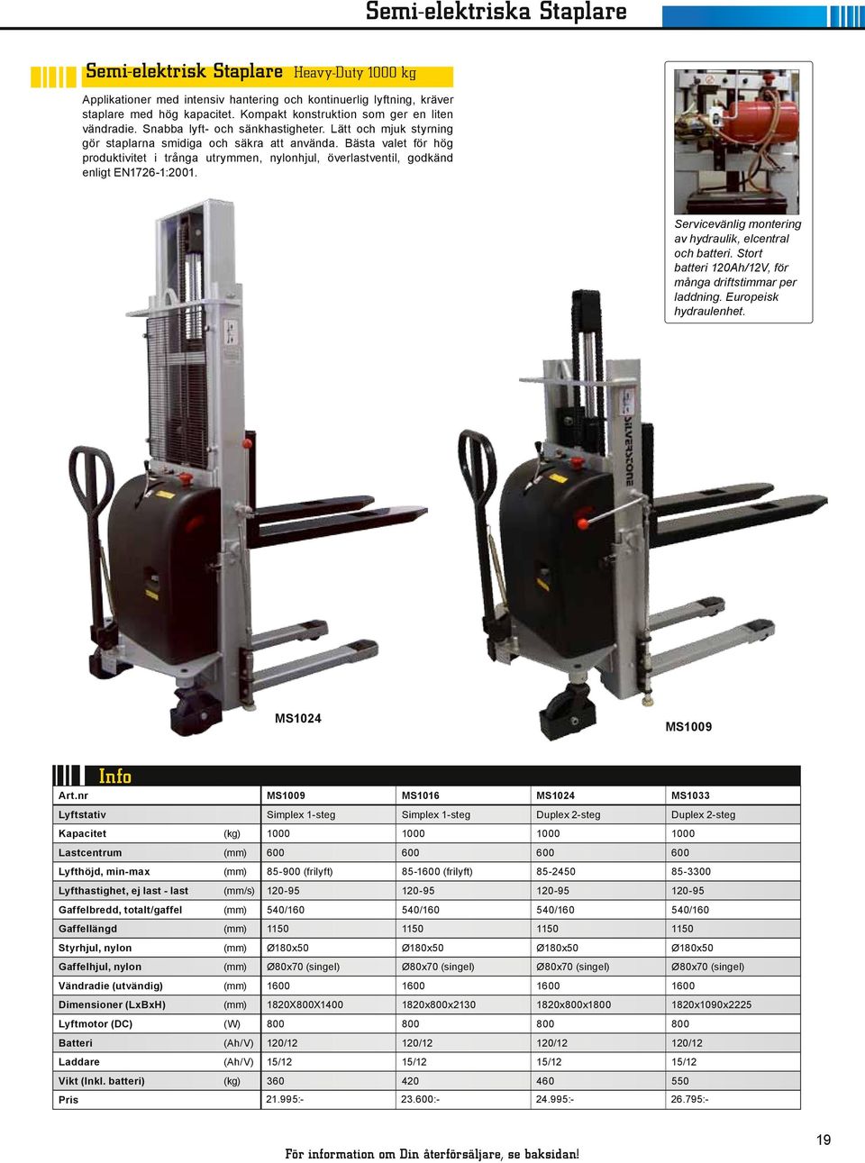 Bästa valet för hög produktivitet i trånga utrymmen, nylonhjul, överlastventil, godkänd enligt EN1726-1:2001. Servicevänlig montering av hydraulik, elcentral och batteri.