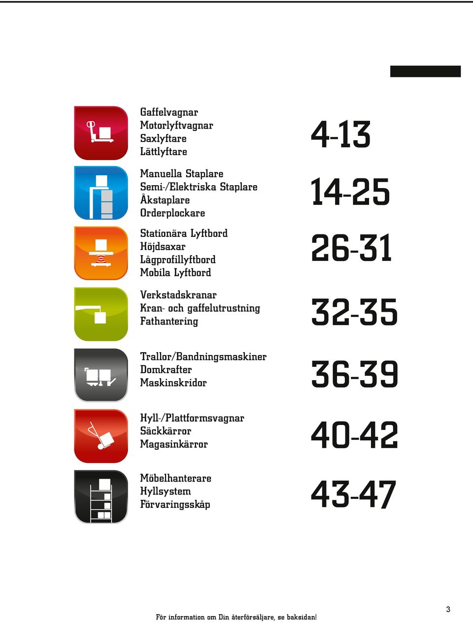 gaffelutrustning Fathantering 4-13 14-25 26-31 32-35 Trallor/Bandningsmaskiner Domkrafter Maskinskridor 36-39