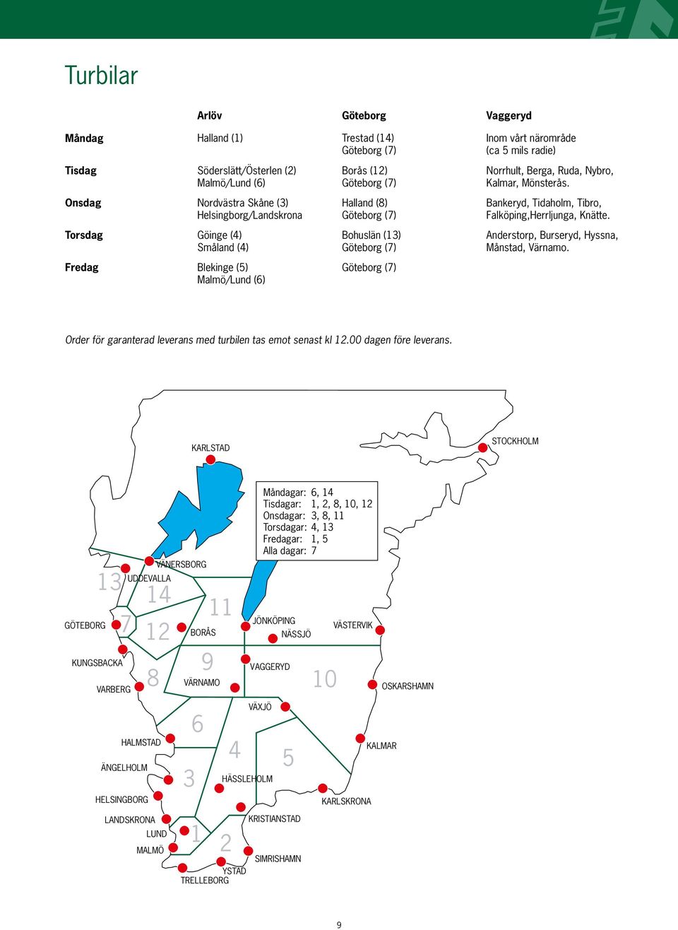 Nybro, Kalmar, Mönsterås. Bankeryd, Tidaholm, Tibro, Falköping,Herrljunga, Knätte. Anderstorp, Burseryd, Hyssna, Månstad, Värnamo. Order för garanterad leverans med turbilen tas emot senast kl 12.