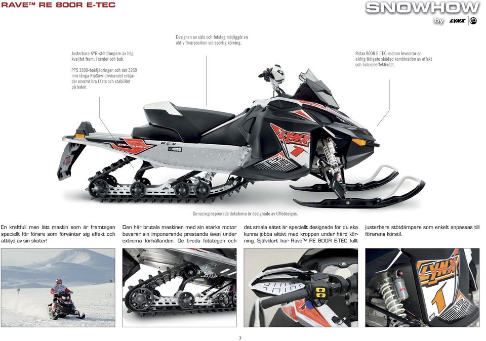 Rotax 800R E-TEC-motorn levererar en aldrig tidigare skådad kombination av effekt och bränsleeffektivitet. De racinginspirerade dekalerna är designade av Uffedesigns.