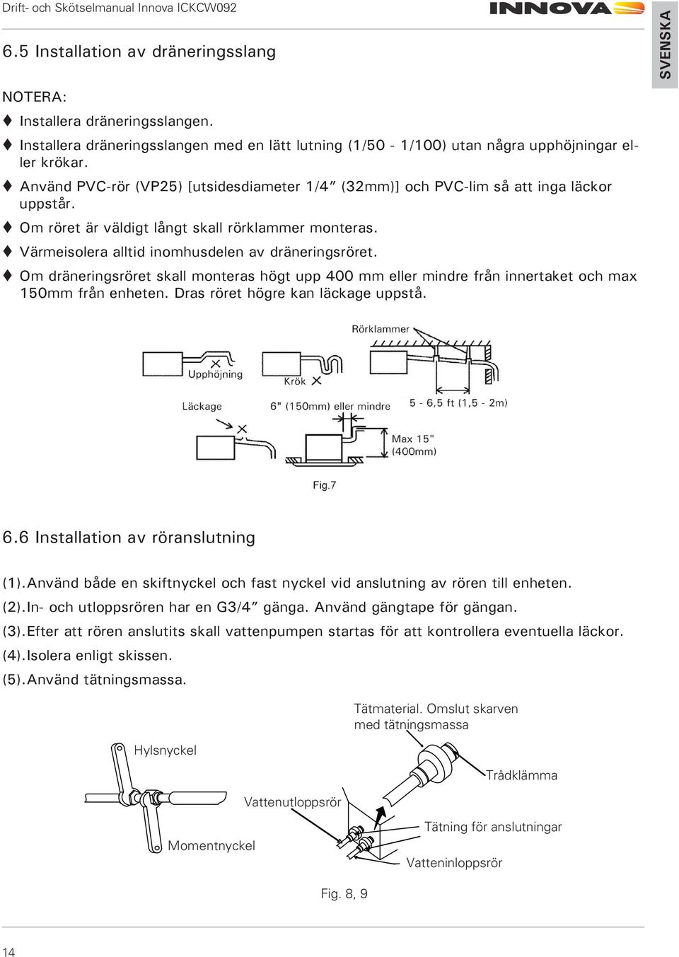 Om dräneringsröret skall monteras högt upp 400 mm eller mindre från innertaket och max 150mm från enheten. Dras röret högre kan läckage uppstå. 6.6 Installation av röranslutning (1).