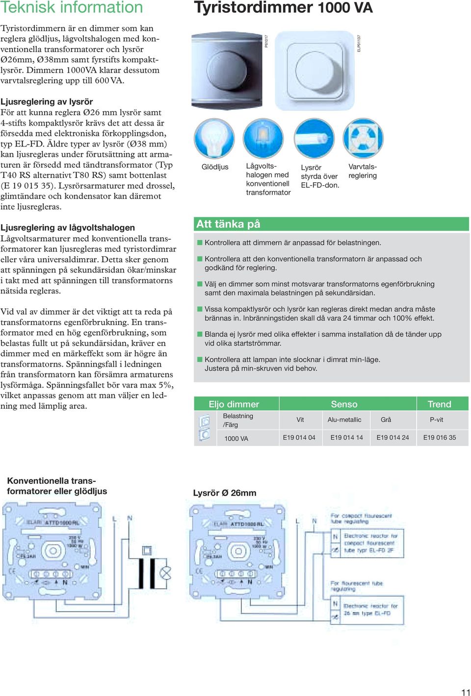 P61017 Ljusreglering av lysrör För att kunna reglera Ø26 mm lysrör samt 4-stifts kompaktlysrör krävs det att dessa är försedda med elektroniska förkopplingsdon, typ EL-FD.