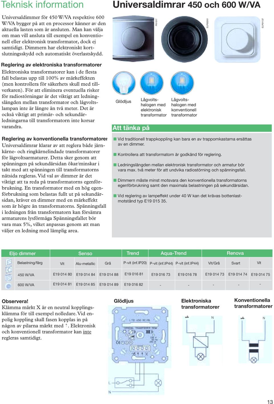 Universaldimrar 450 och 600 W/VA P61017 ELP03261 Reglering av elektroniska transformatorer Elektroniska transformatorer kan i de flesta fall belastas upp till 100% av märkeffekten (men kontrollera