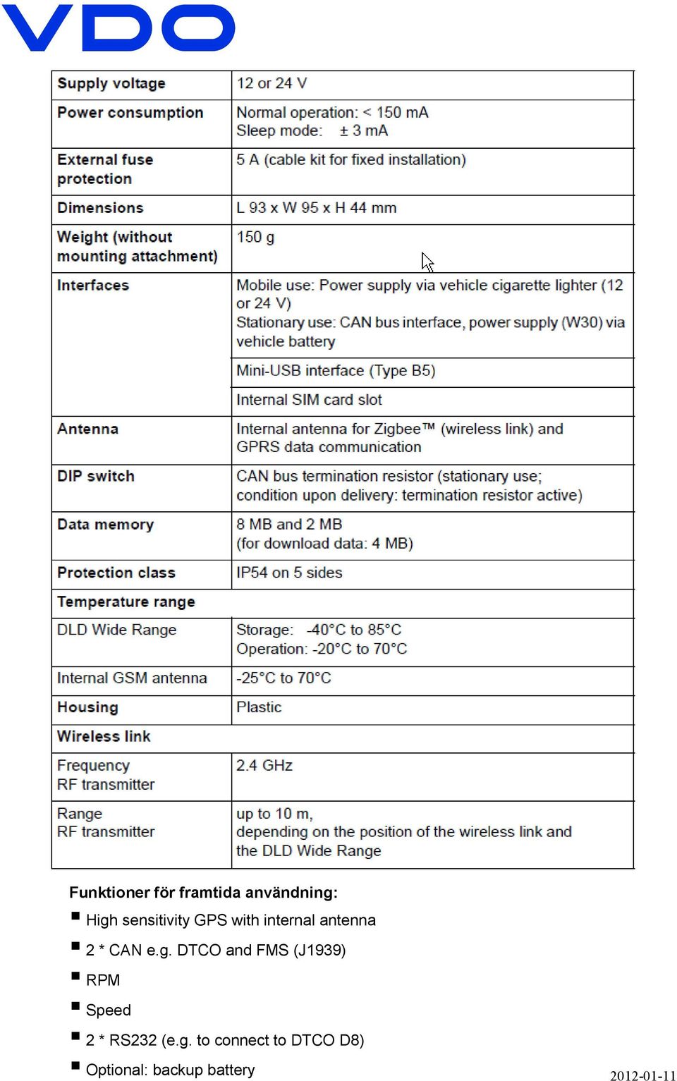 e.g. DTCO and FMS (J1939) RPM Speed 2 * RS232