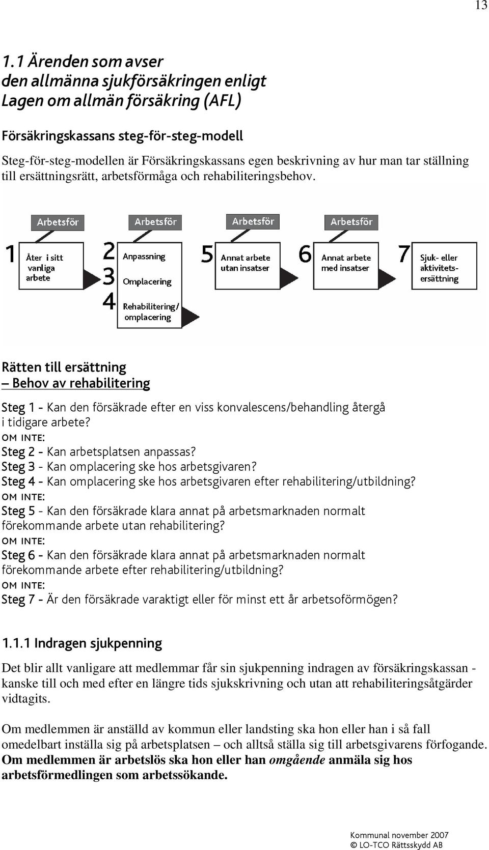 Rätten till ersättning Behov av rehabilitering Steg 1 - Kan den försäkrade efter en viss konvalescens/behandling återgå i tidigare arbete? om inte: Steg 2 - Kan arbetsplatsen anpassas?