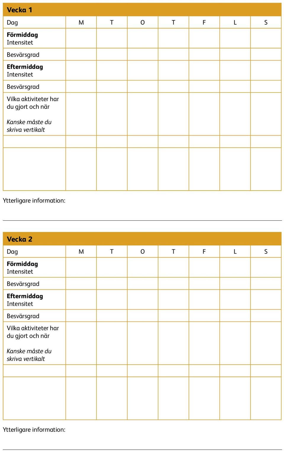 Vecka 2 Dag M T O T F L S Förmiddag Eftermiddag Vilka aktiviteter har du