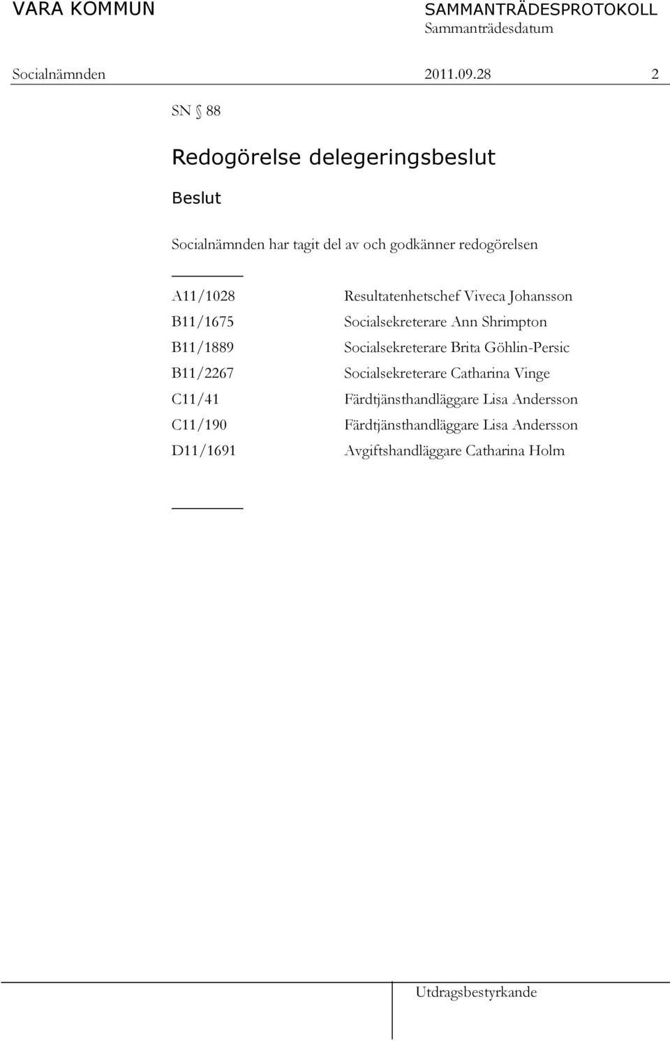 A11/1028 Resultatenhetschef Viveca Johansson B11/1675 Socialsekreterare Ann Shrimpton B11/1889