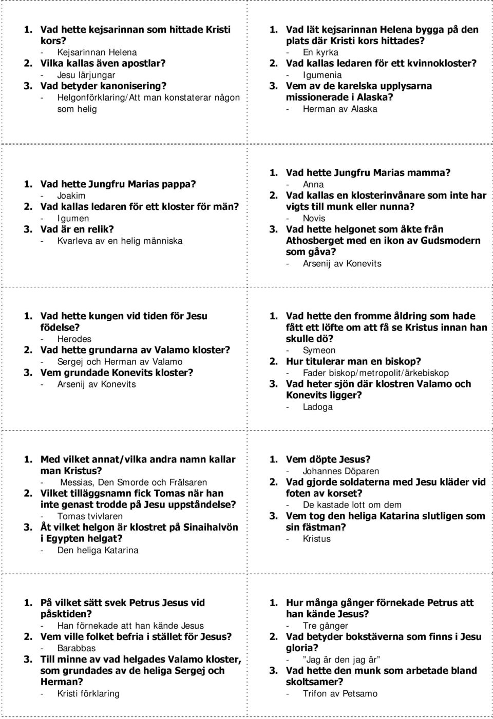Herman av Alaska 1. Vad hette Jungfru Marias pappa? Joakim 2. Vad kallas ledaren för ett kloster för män? Igumen 3. Vad är en relik? Kvarleva av en helig människa 1. Vad hette Jungfru Marias mamma?