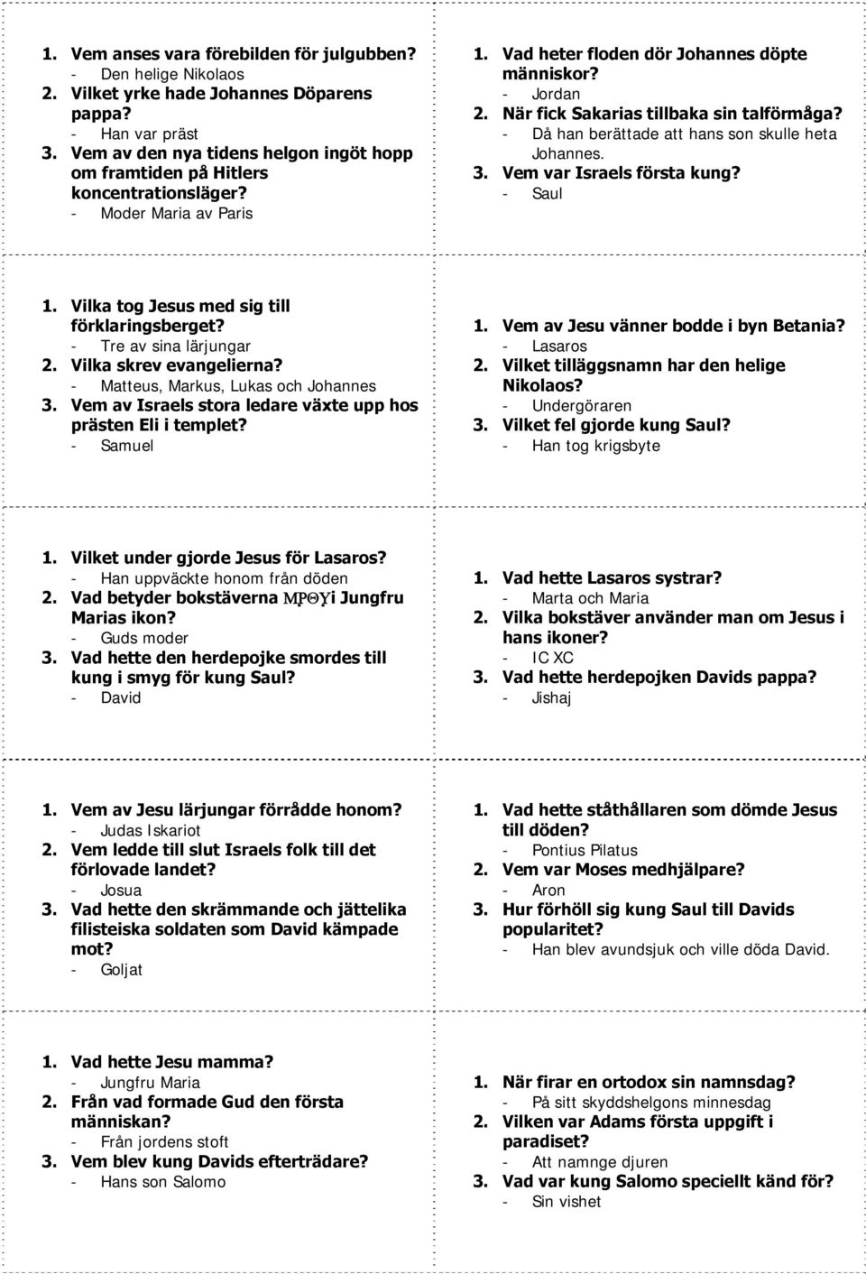 När fick Sakarias tillbaka sin talförmåga? Då han berättade att hans son skulle heta Johannes. 3. Vem var Israels första kung? Saul 1. Vilka tog Jesus med sig till förklaringsberget?